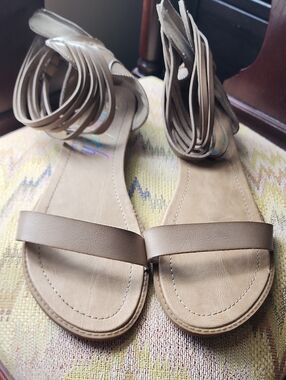 Women's Tan Strappy Ankle-Wrap Flat Sandals